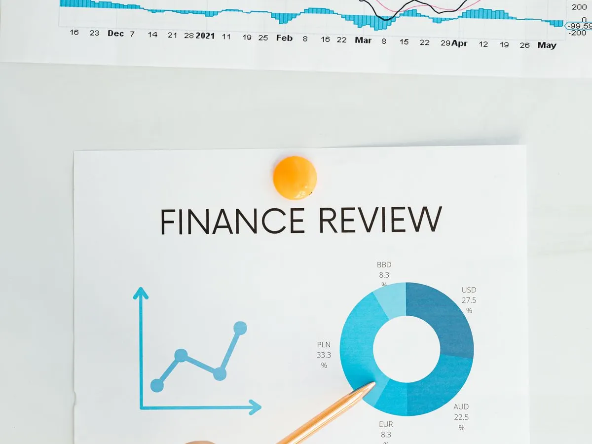 Professional analyzing financial charts and reports, pointing at the numbers with a pencil