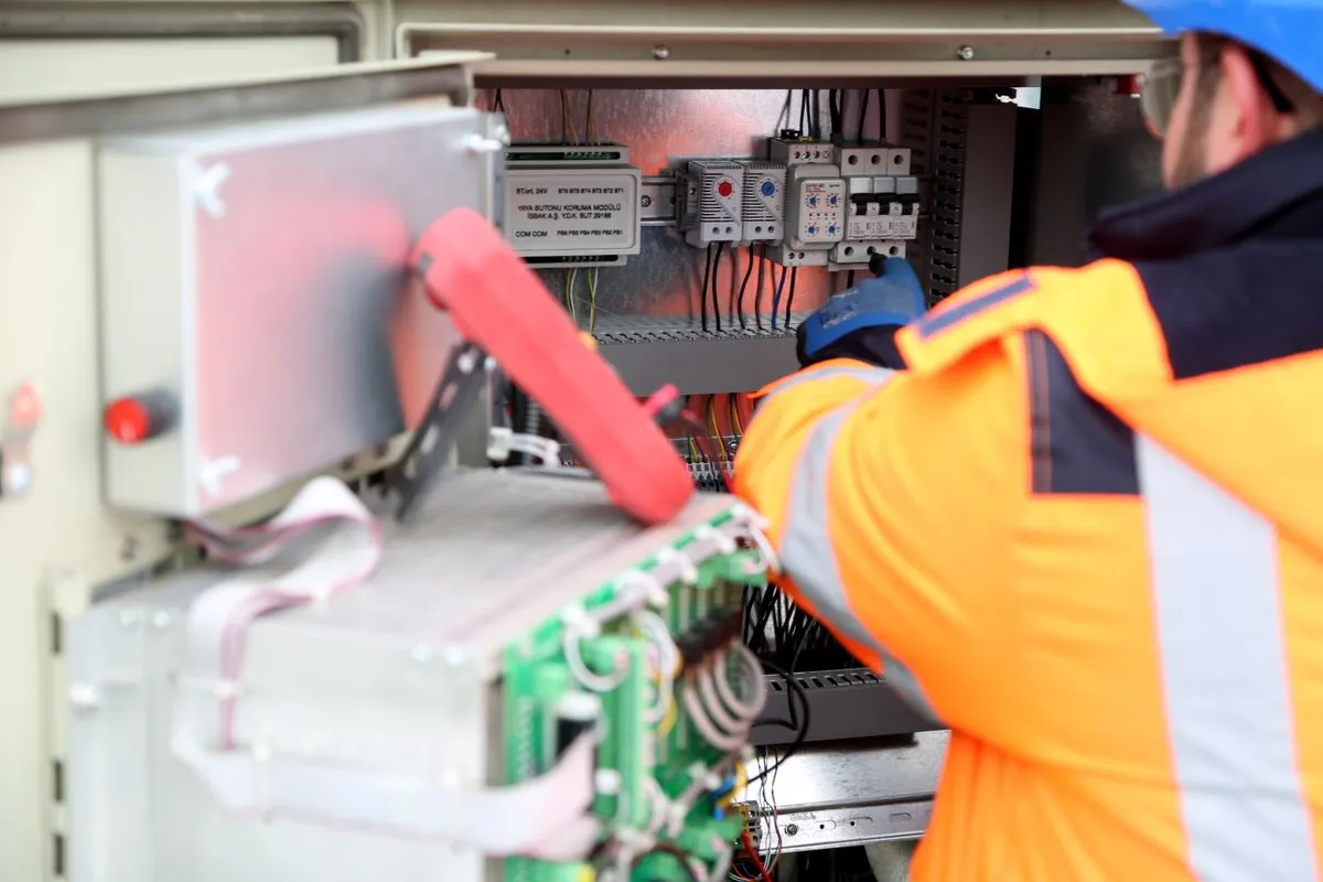 Profesional eléctrico inspeccionando un tablero industrial para verificar y documentar el trabajo